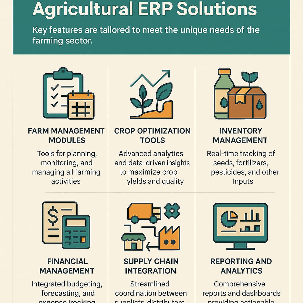Infographic outlining key features of agricultural ERP software, including farm management, crop optimization, inventory tracking, financial tools, supply chain integration, and data analytics
