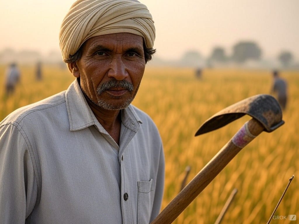 a Indian man holding a hoe in a field