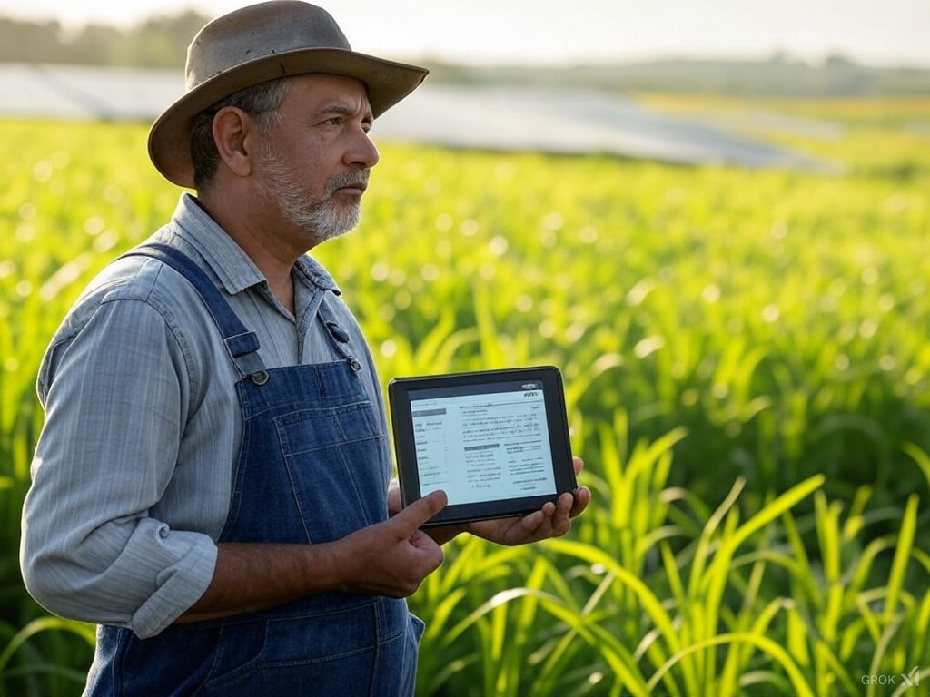 a man holding a tablet in front of a field of plants